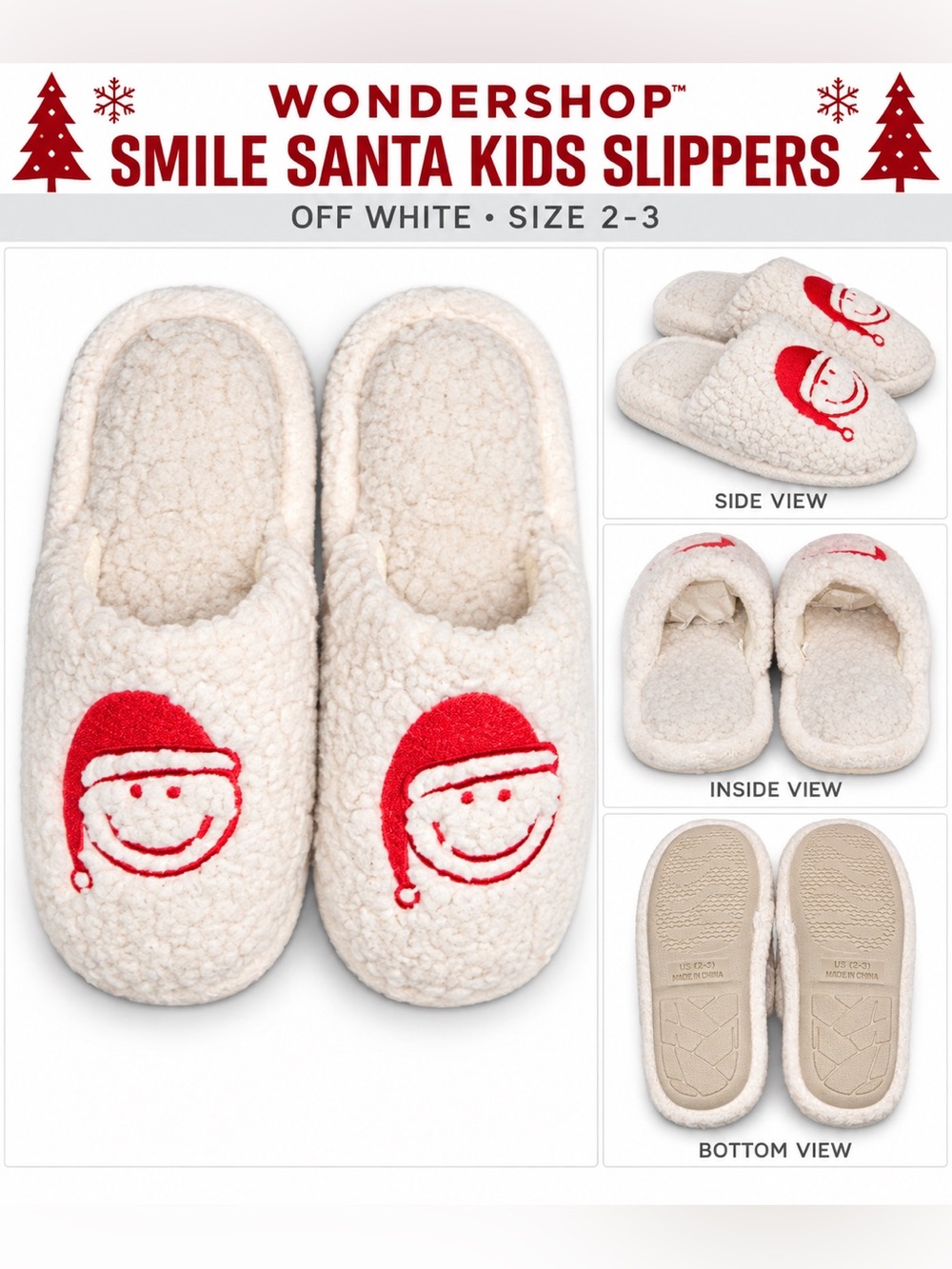 WONDERSHOP SMILE SANTA KIDS SLIPPERS - OFF WHITE SIZE 2-3 (NEW WITH TAGS) B9